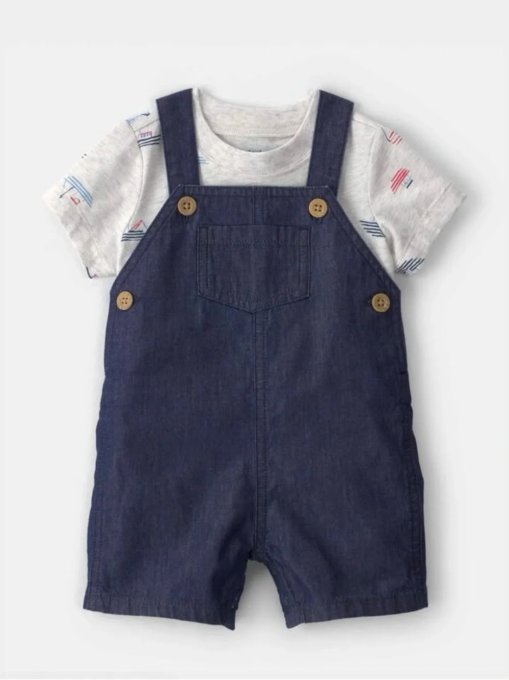 Carter's Navy Blue Denim Short Overalls with Light Gray Printed Tee